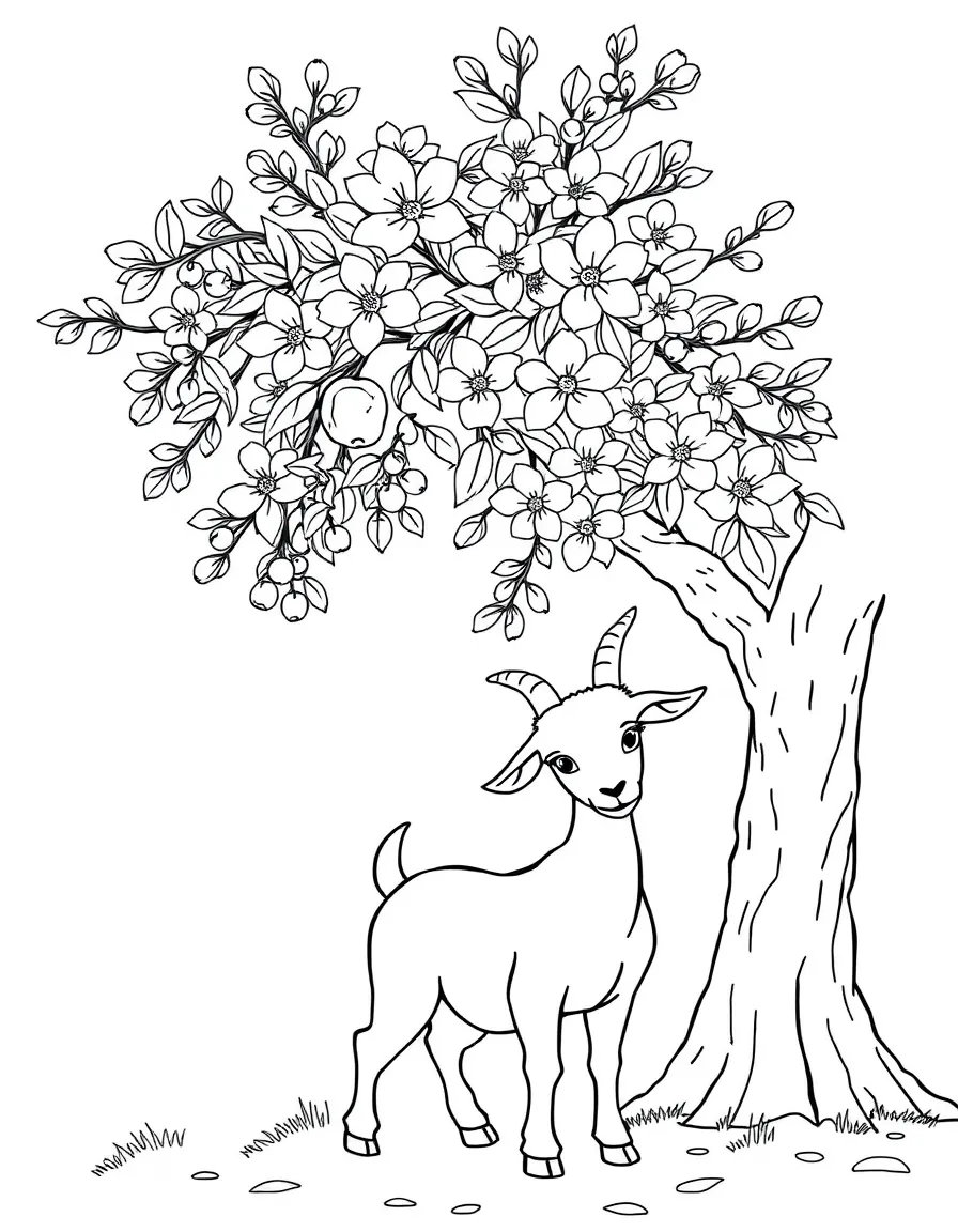 A goat standing beneath a blossoming fruit tree