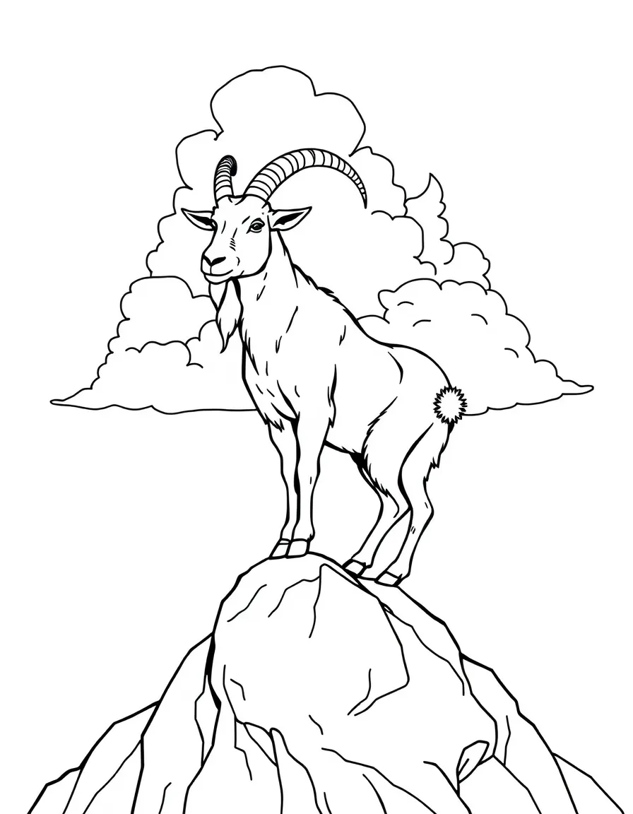 A goat standing majestic on a rock with clouds behind it