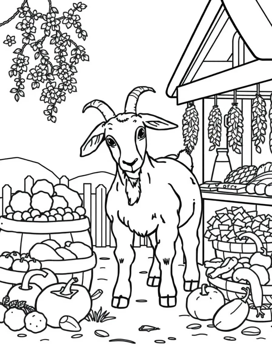 A goat with farm stand elements and fresh produce nearby