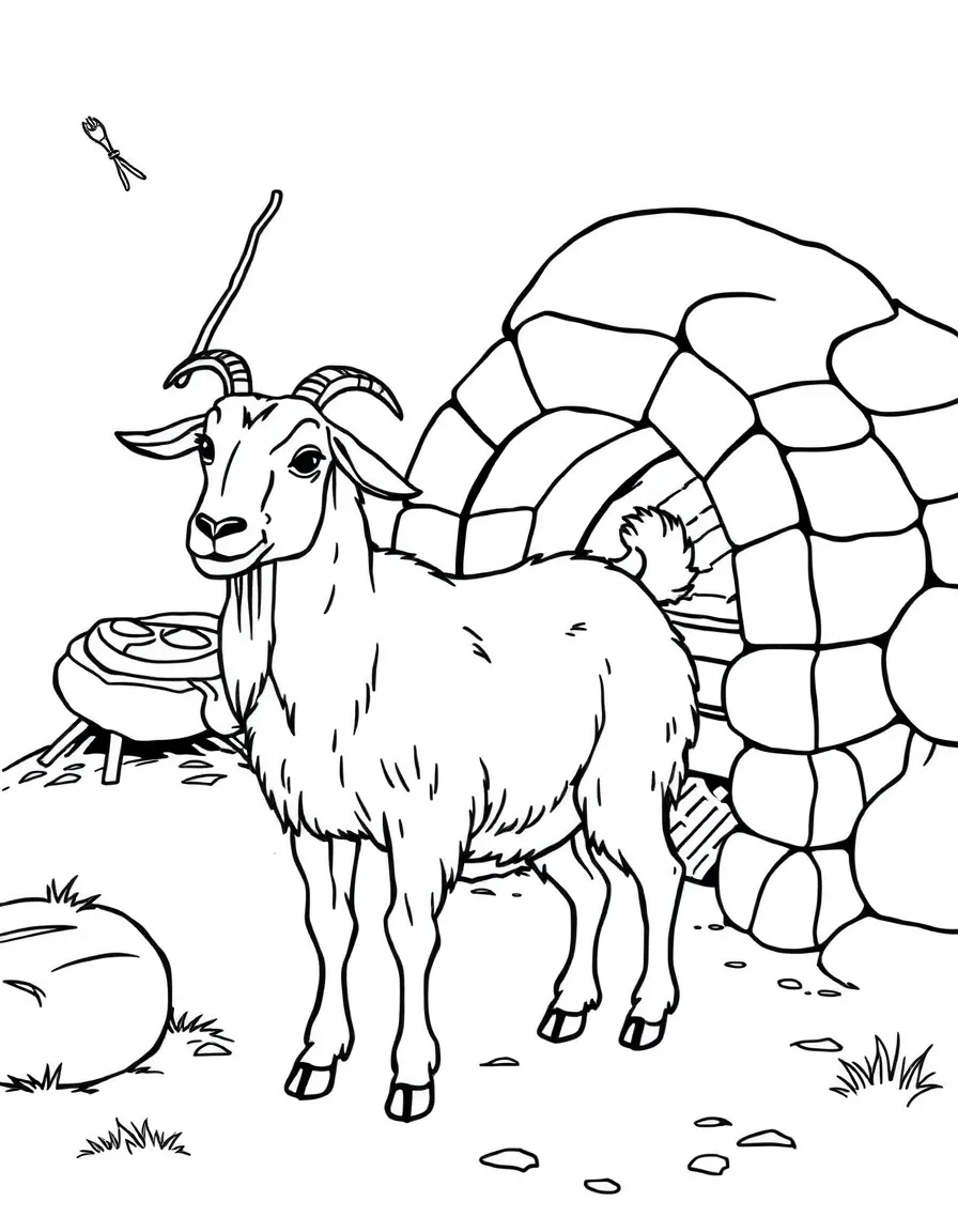 A goat standing beside a traditional bread oven