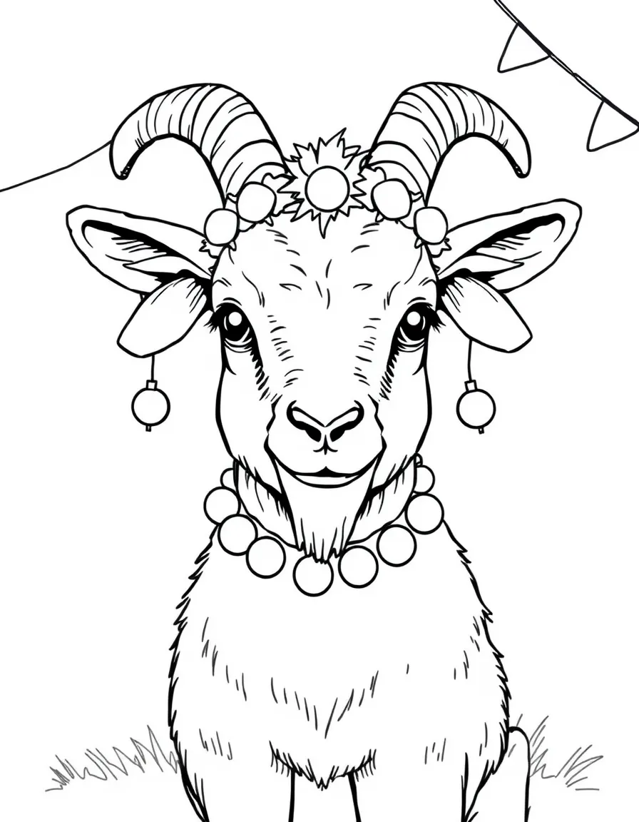 A goat with festive decorations for a country fair
