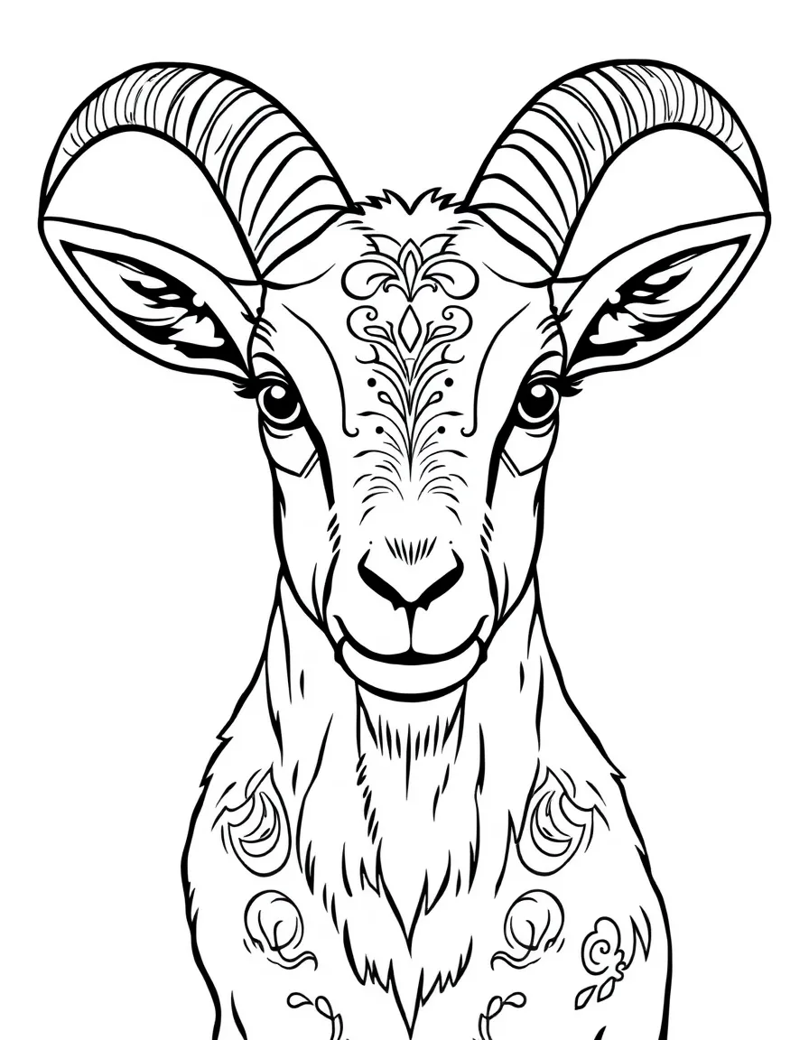 A goat with decorative patterns inspired by folk art