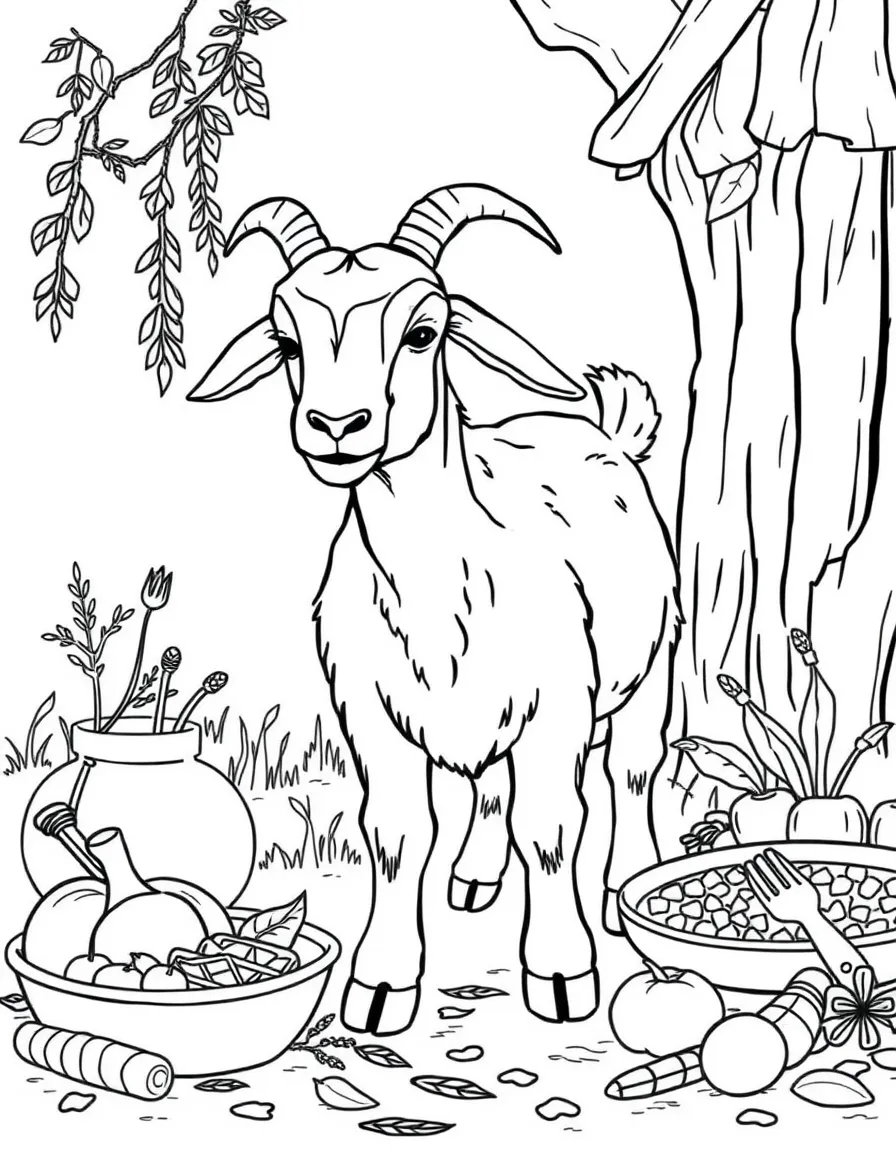 A goat with elements of farm-to-table cooking nearby