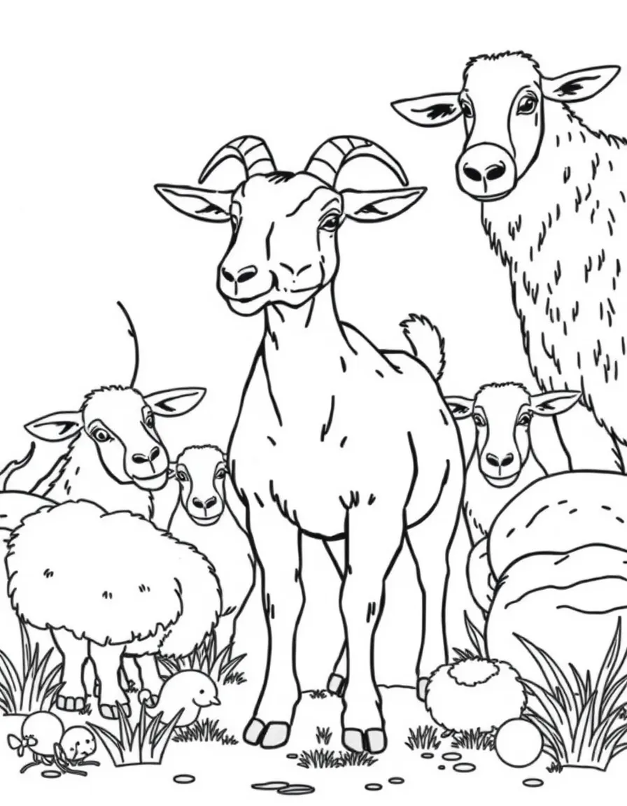 A goat standing proudly among a variety of farm animals