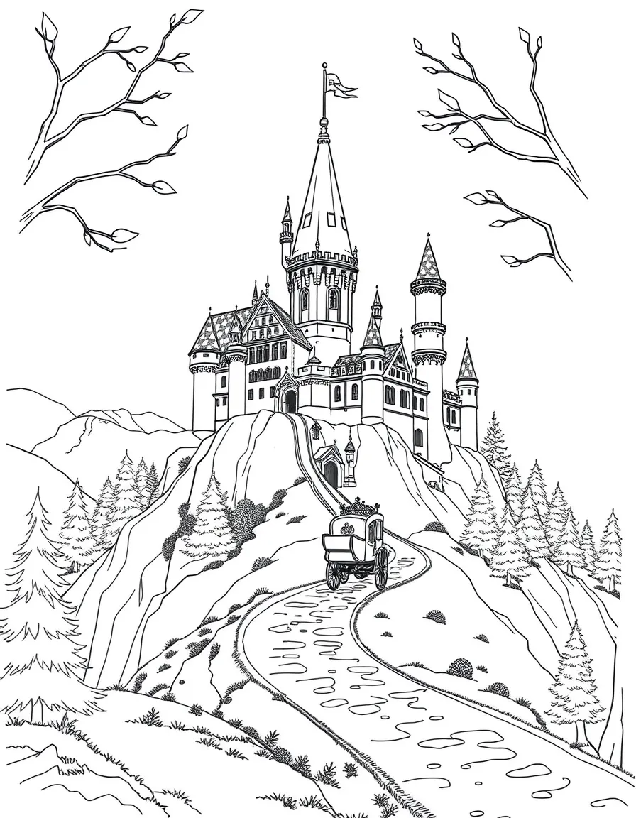 A detailed castle on a hilltop with a carriage approaching, inspired by classic fairy tale films