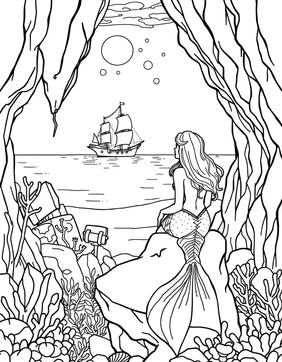 An underwater scene with a mermaid sitting on a rock, watching a ship in the distance