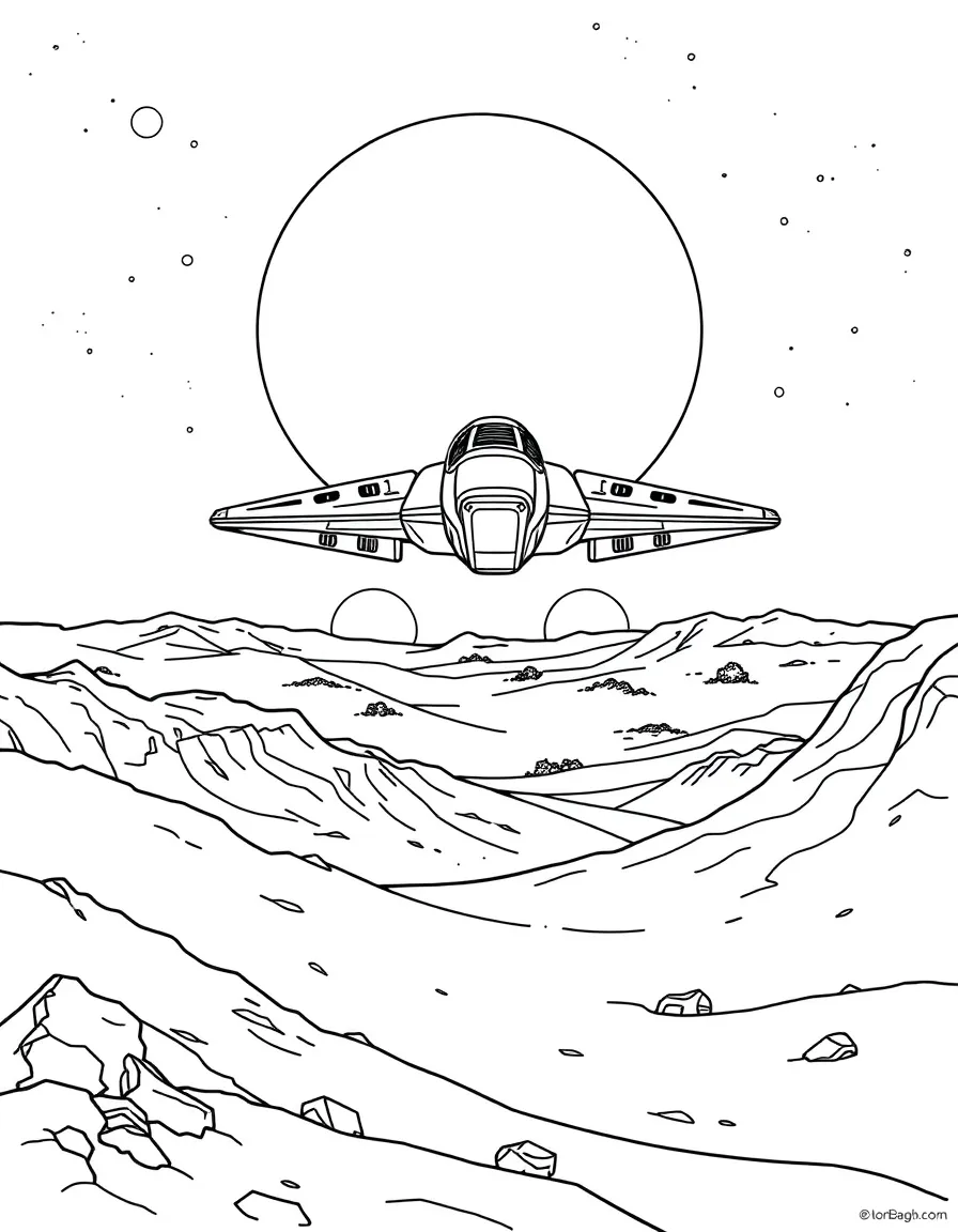 A spaceship hovering over a desert planet with twin suns on the horizon