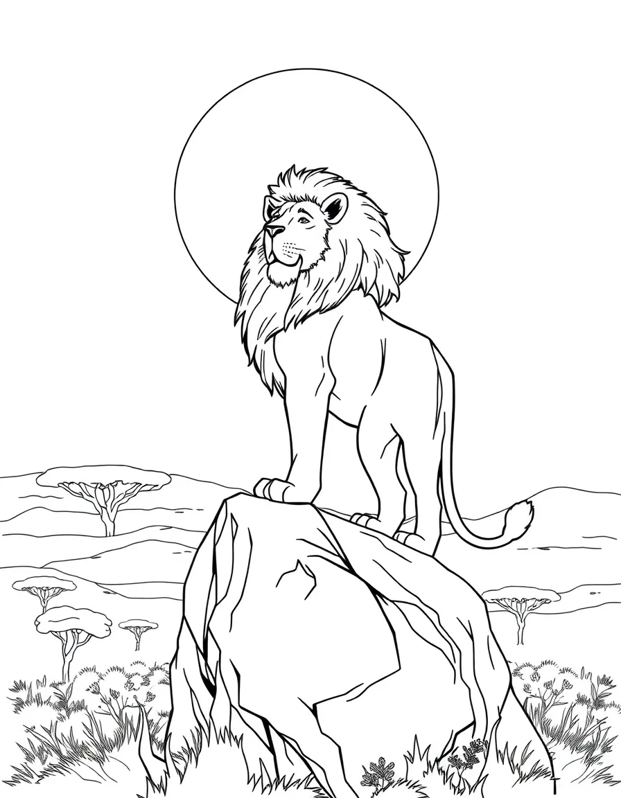 A majestic lion standing proudly on a rock formation overlooking the savanna