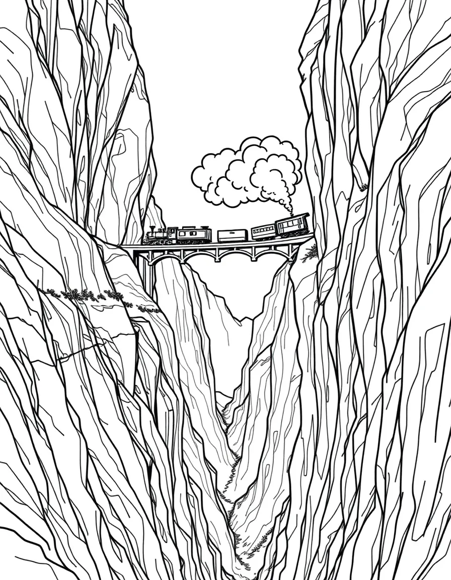 A steam train crossing a tall bridge over a deep canyon