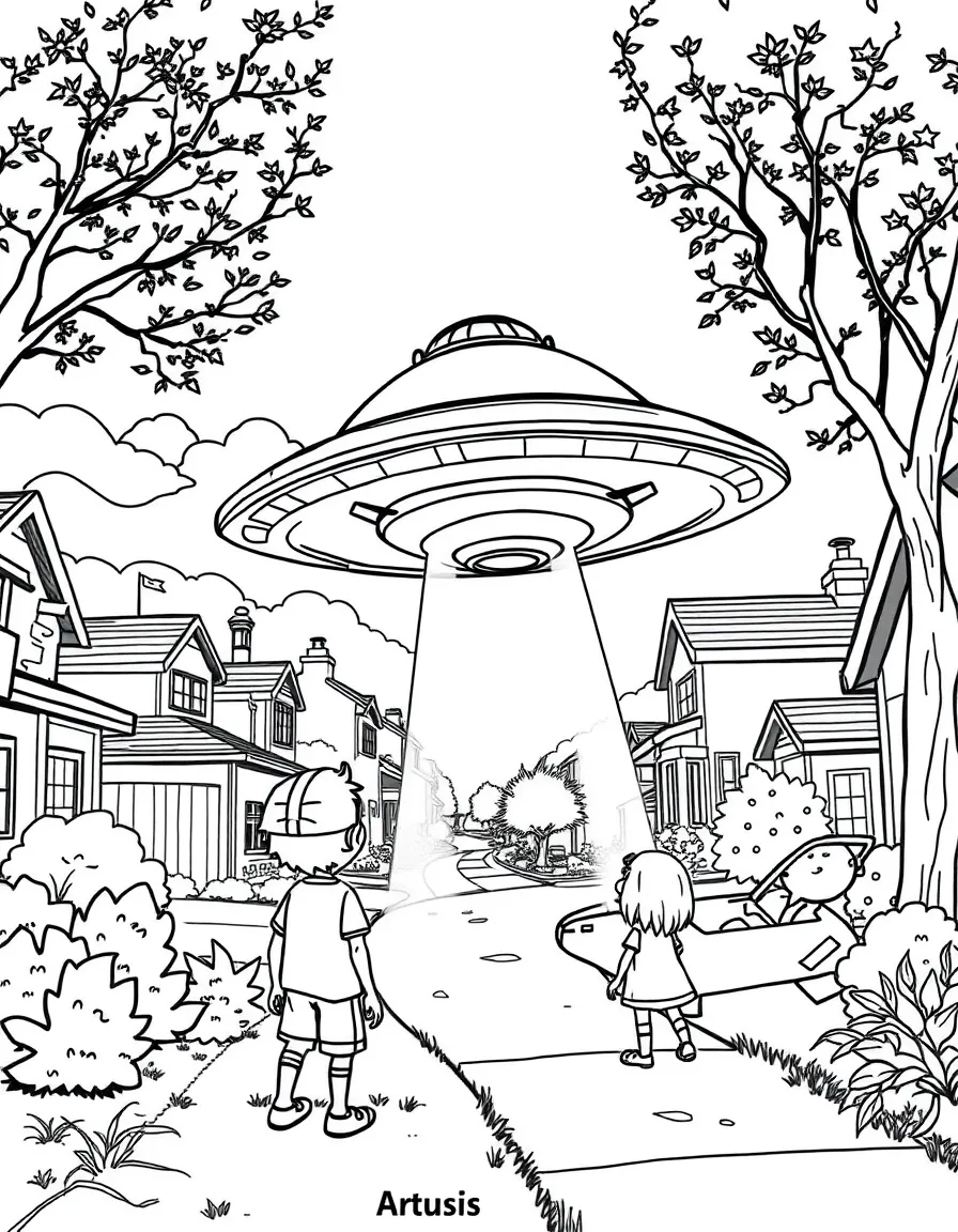An alien spacecraft landing in a suburban neighborhood with curious children watching