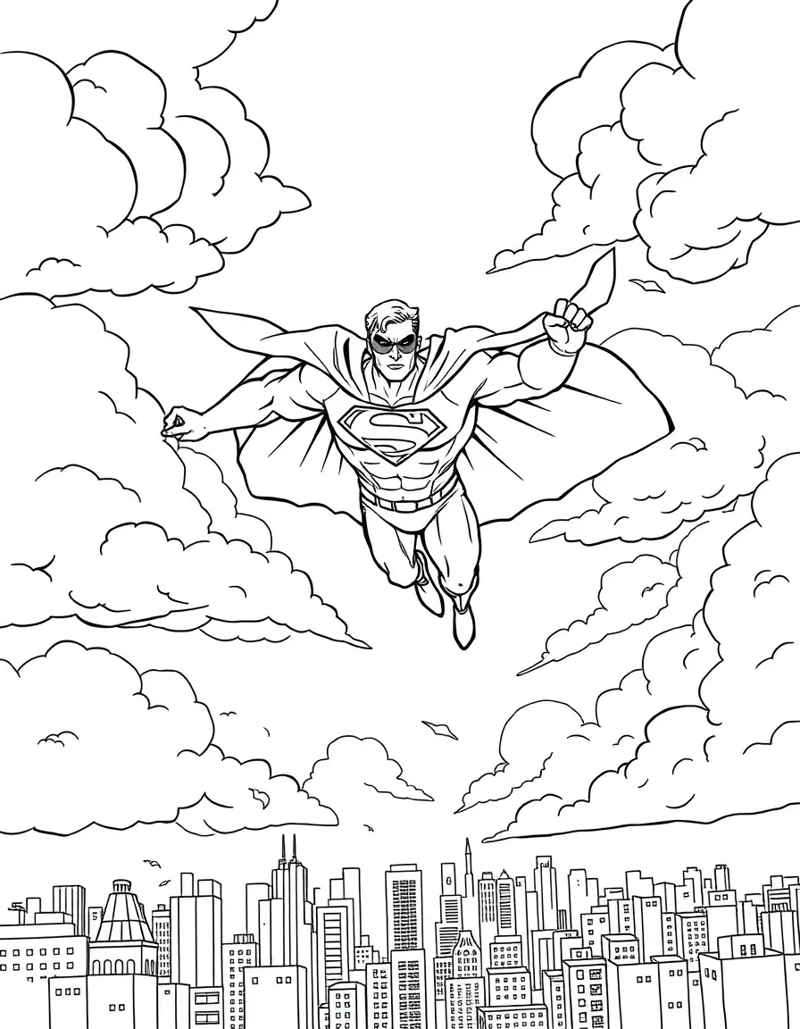 A superhero flying through clouds with a cityscape below