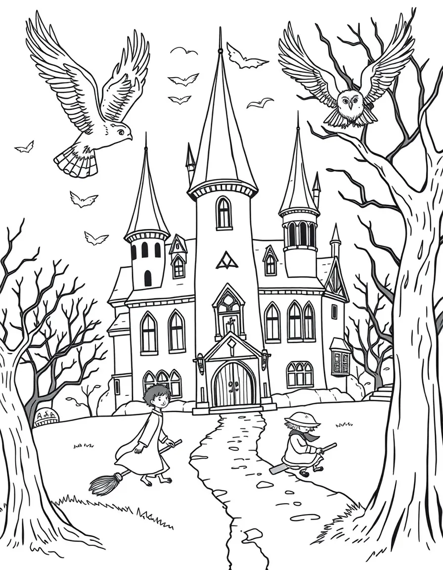 A magical school with towers, owls flying around, and students on broomsticks