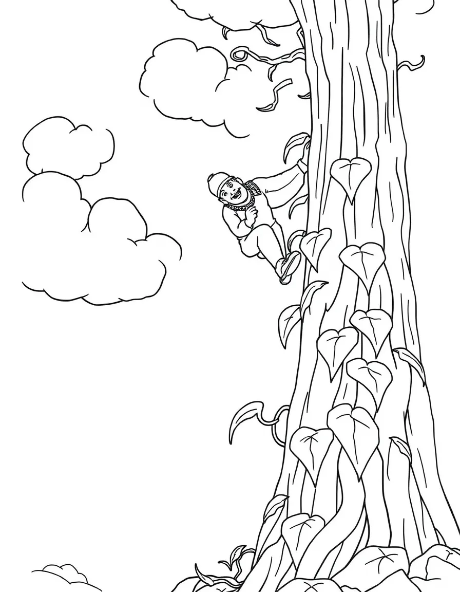A giant climbing a beanstalk that stretches into the clouds