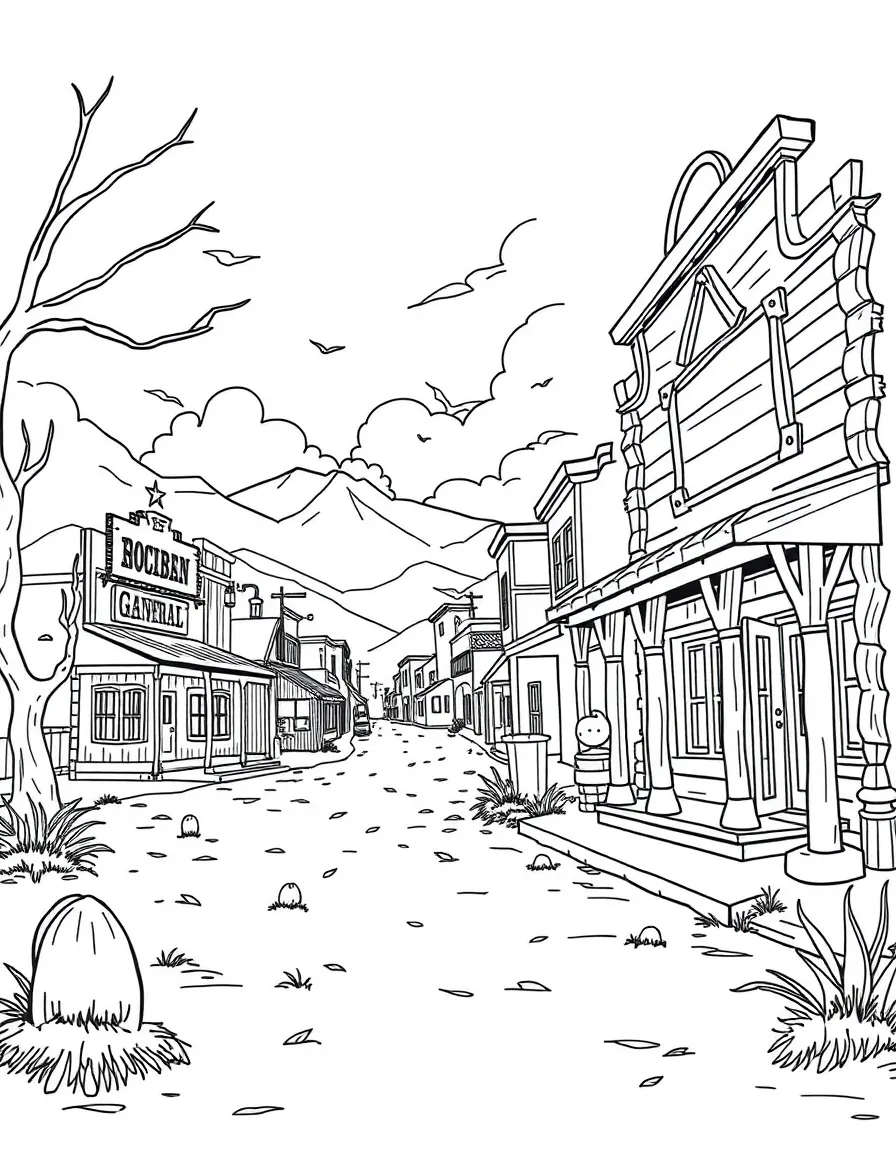 A western town with a saloon, general store, and tumbleweeds rolling down the street