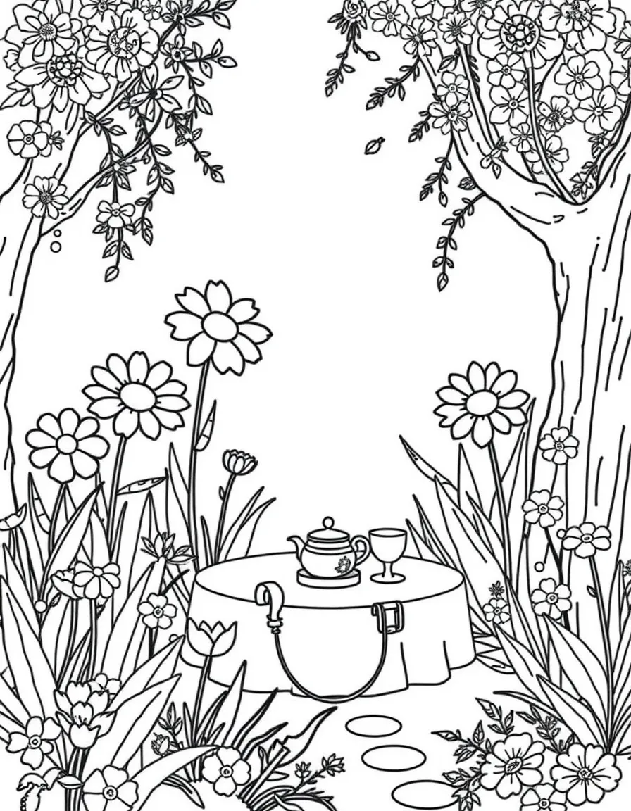 A magical garden with talking flowers and a tea party setup