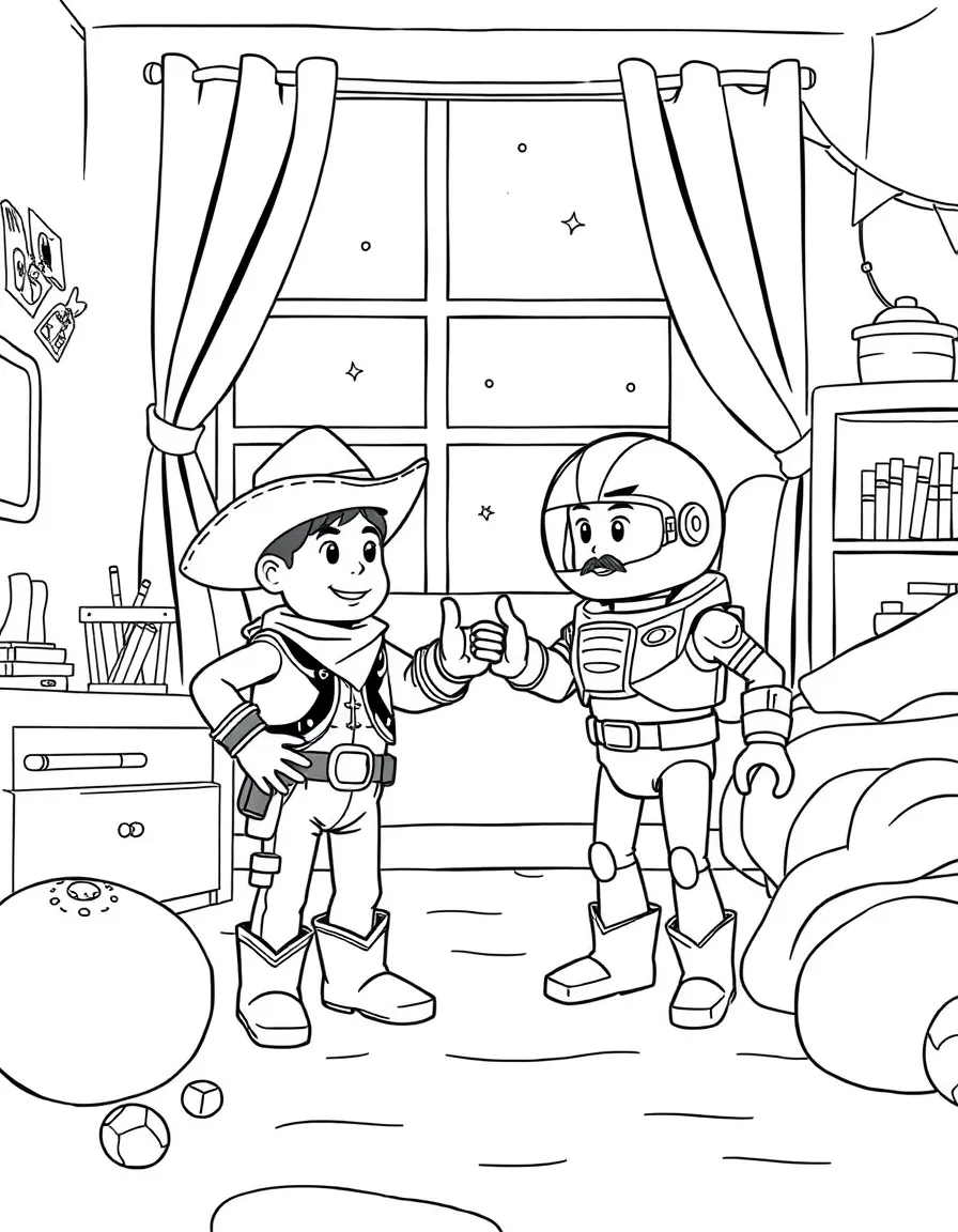 A toy cowboy and space ranger sharing an adventure in a child's bedroom