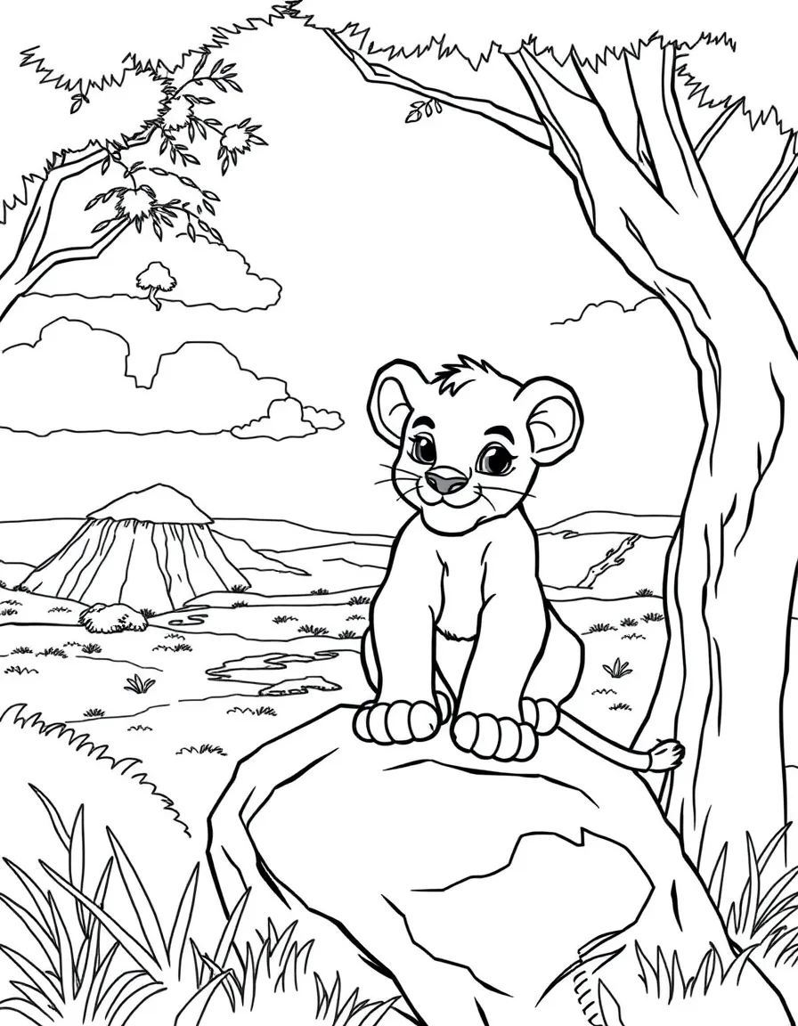 A young lion cub sitting on a rock overlooking the Pride Lands