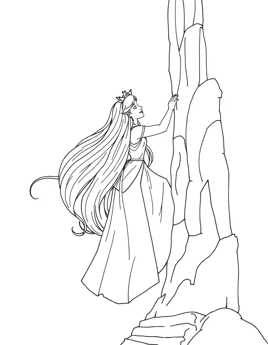 A princess with long magical hair using it to climb a tall tower