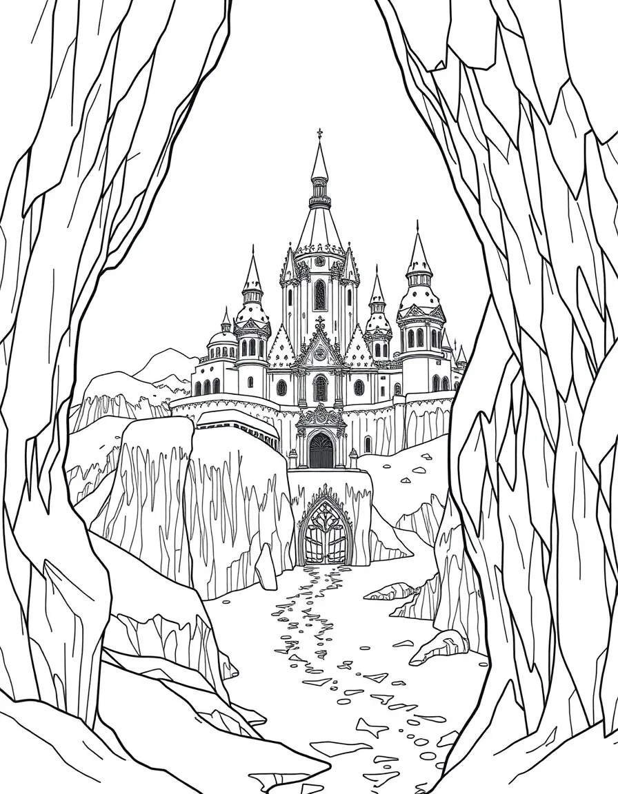 An ice palace on a snow-covered mountain with elaborate frozen details