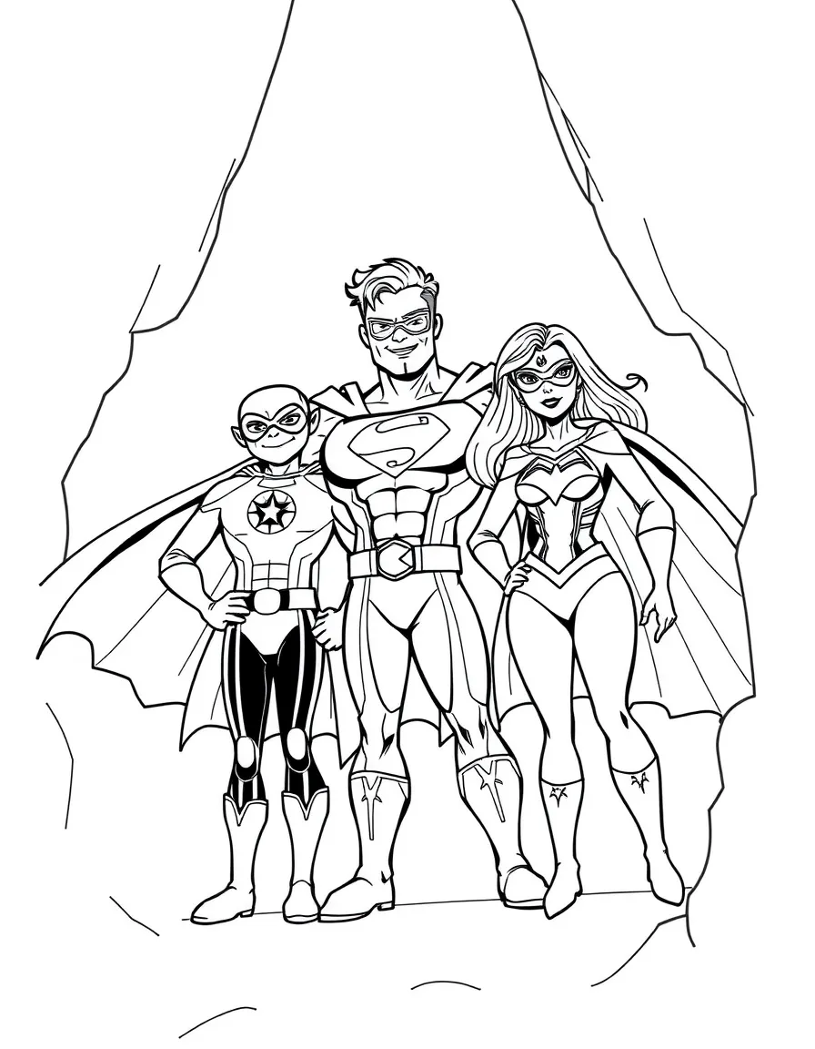 A family of superheroes in action poses with their unique costumes