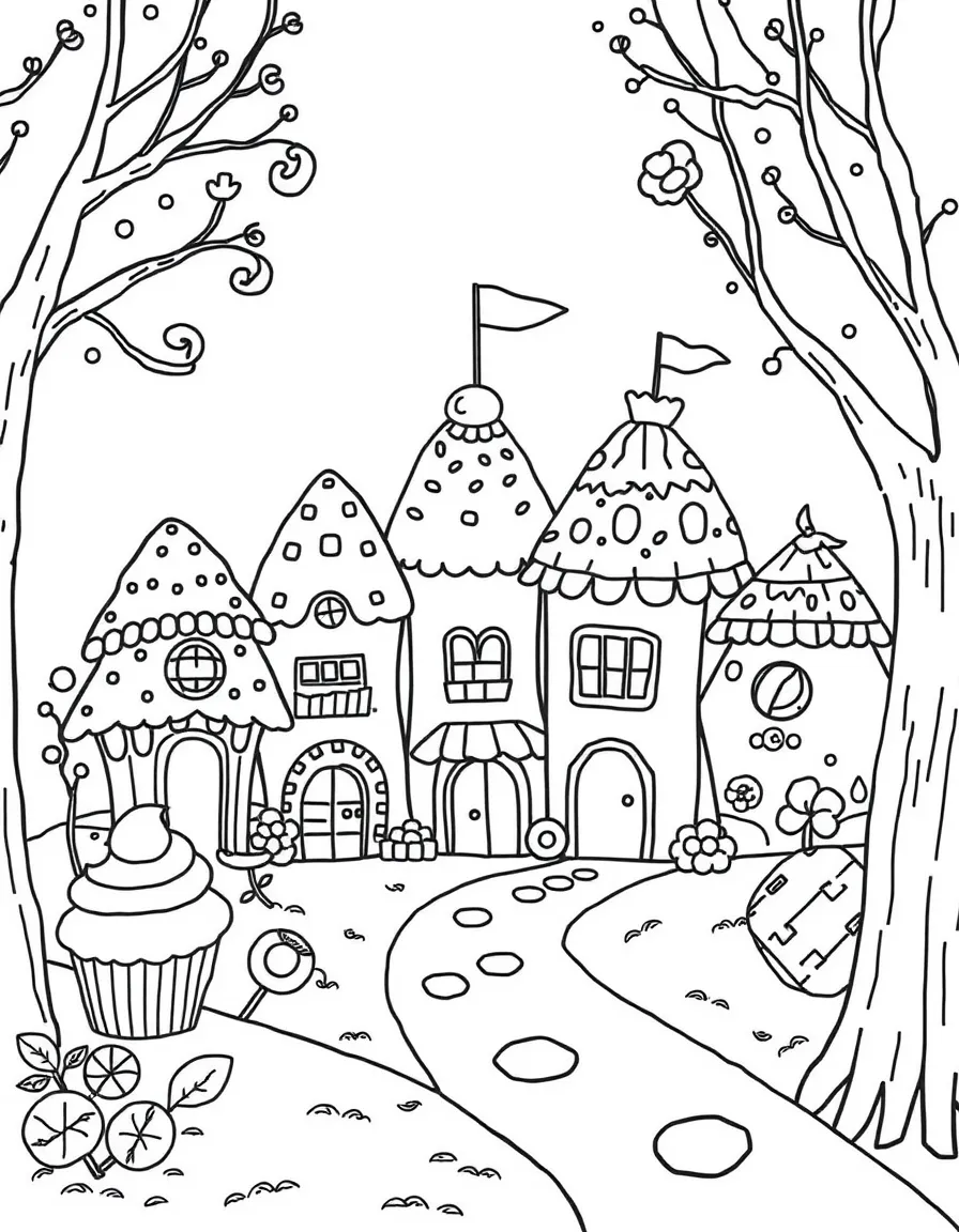A village with houses made from food items like cupcakes and cookies