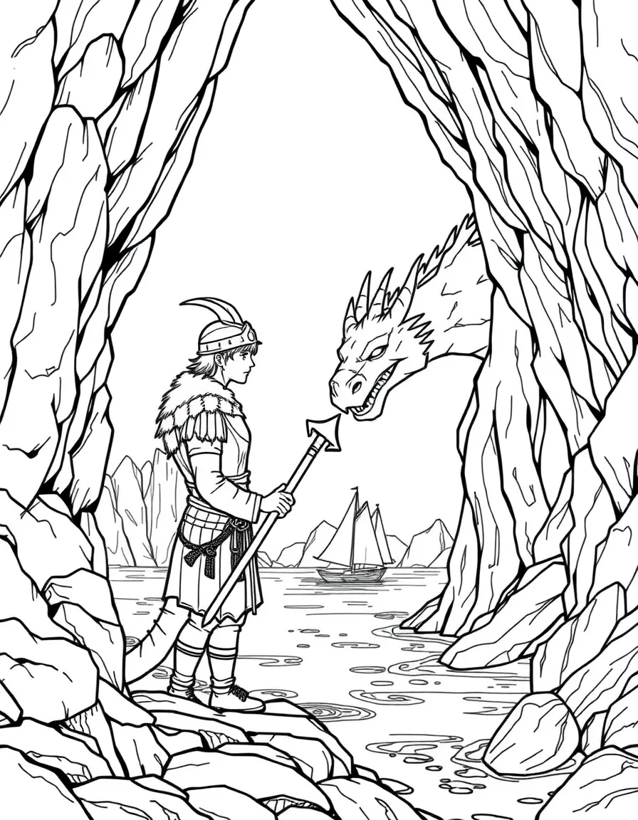 A Viking teenager befriending a dragon in a hidden cove
