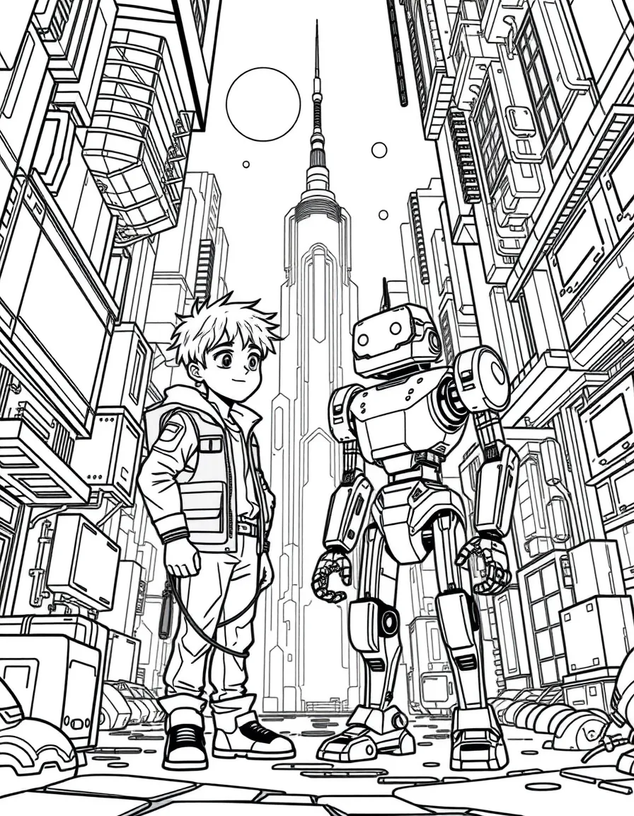 A young inventor and his robot companion in a futuristic city