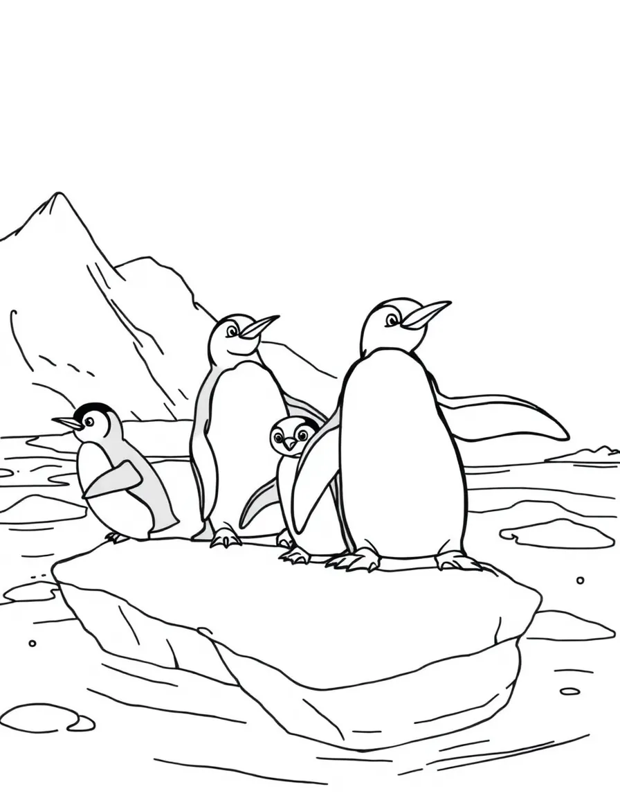 A family of penguins surfing on ice floes in Antarctica