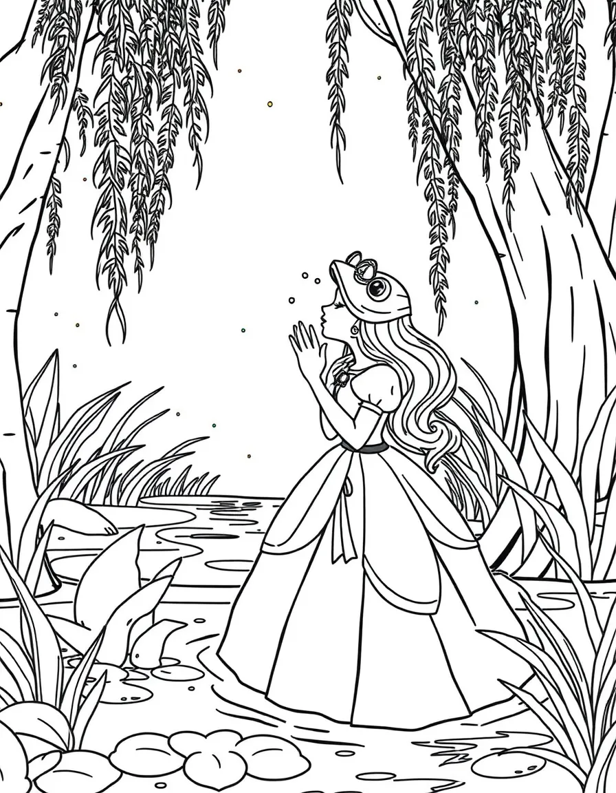 A princess kissing a frog near a bayou with fireflies glowing around them