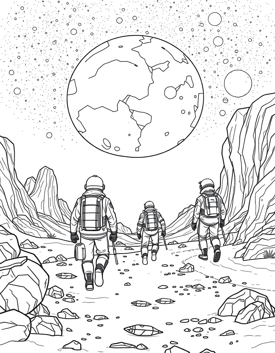 A group of space explorers walking on the surface of a strange planet