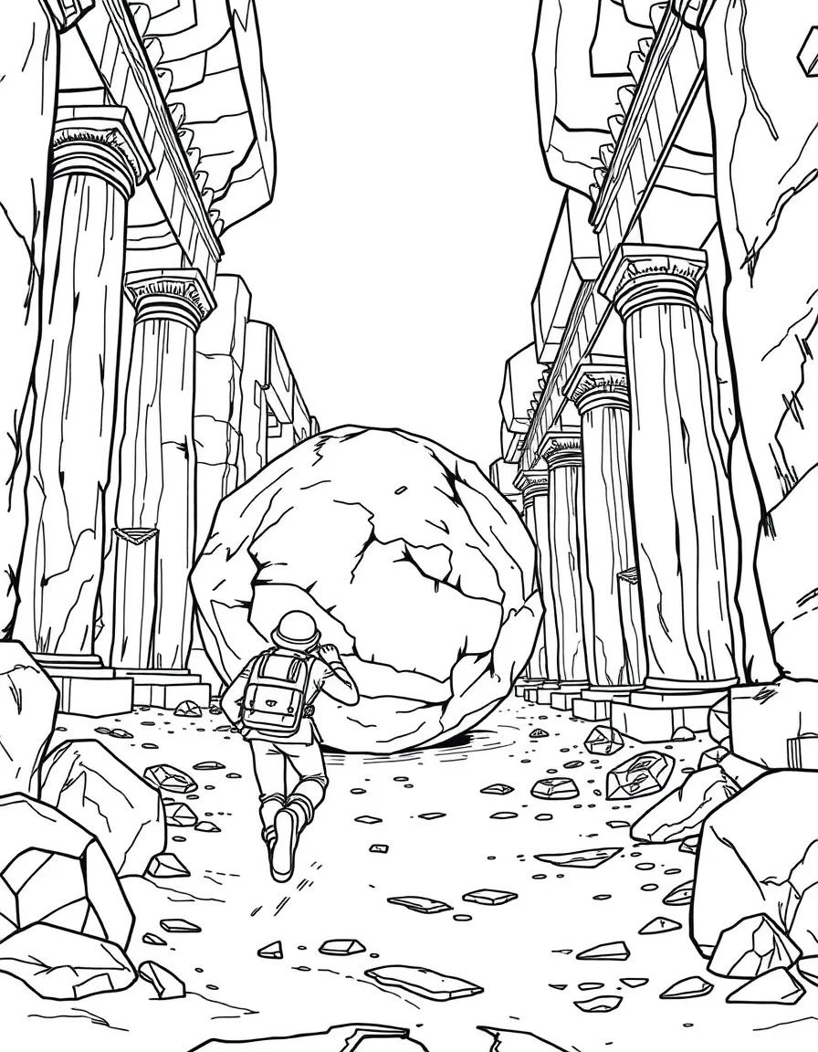 An archaeologist outrunning a giant rolling boulder in an ancient temple