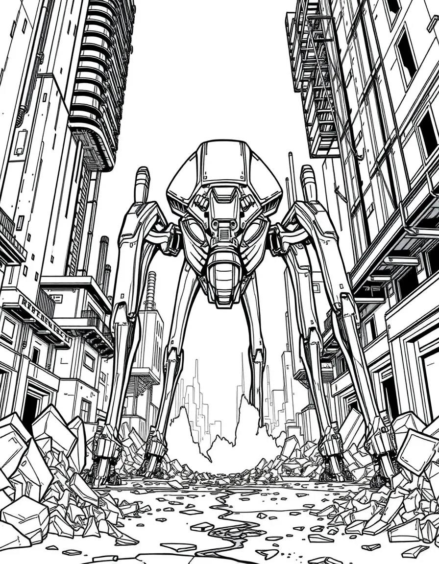 A massive alien tripod walking through a destroyed city