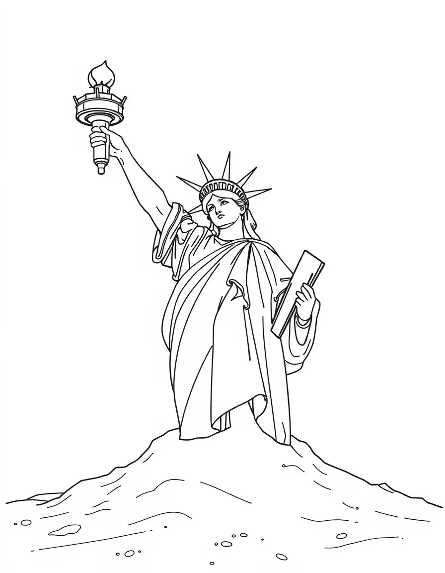 A ruined Statue of Liberty half-buried in beach sand