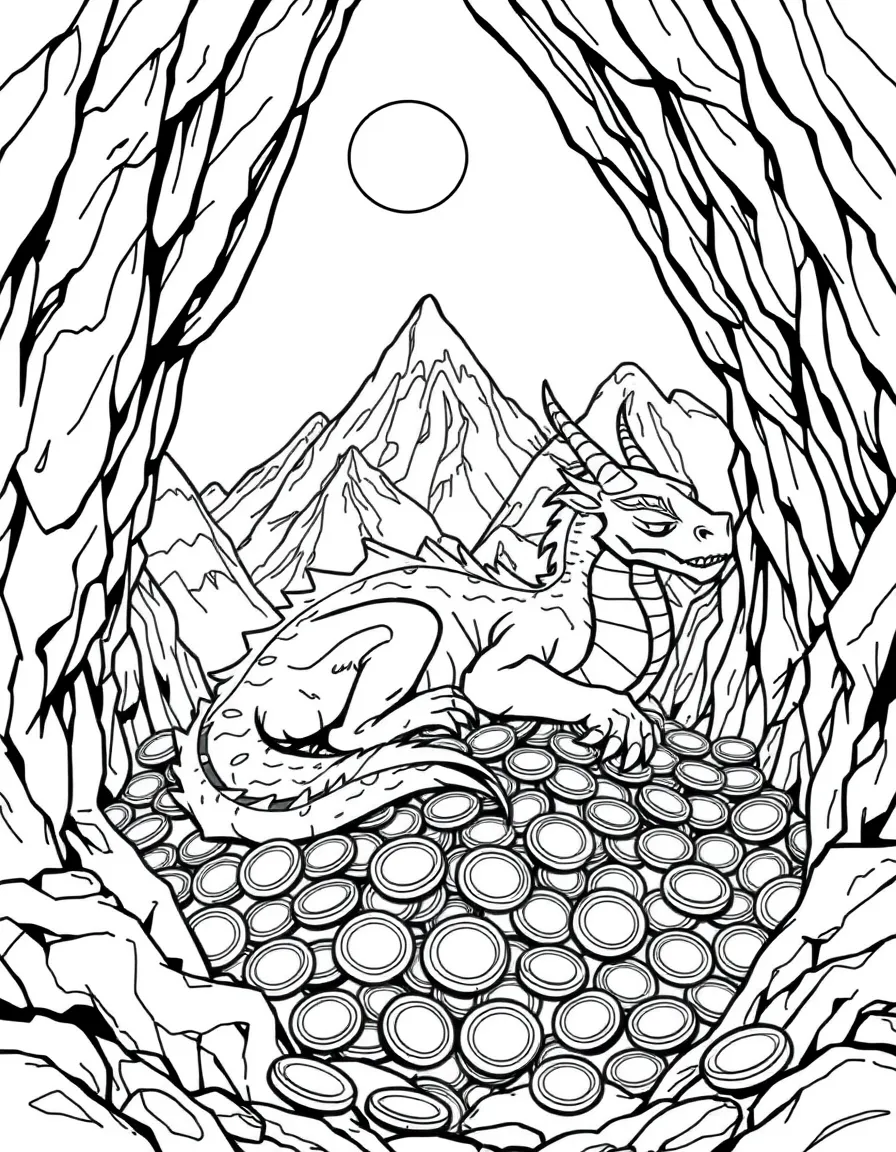 A dragon sleeping on a pile of gold coins in a mountain cave