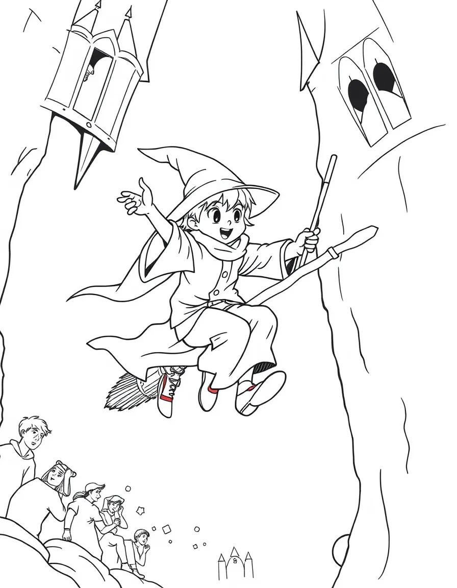 A young wizard flying on a broomstick during a sporting match