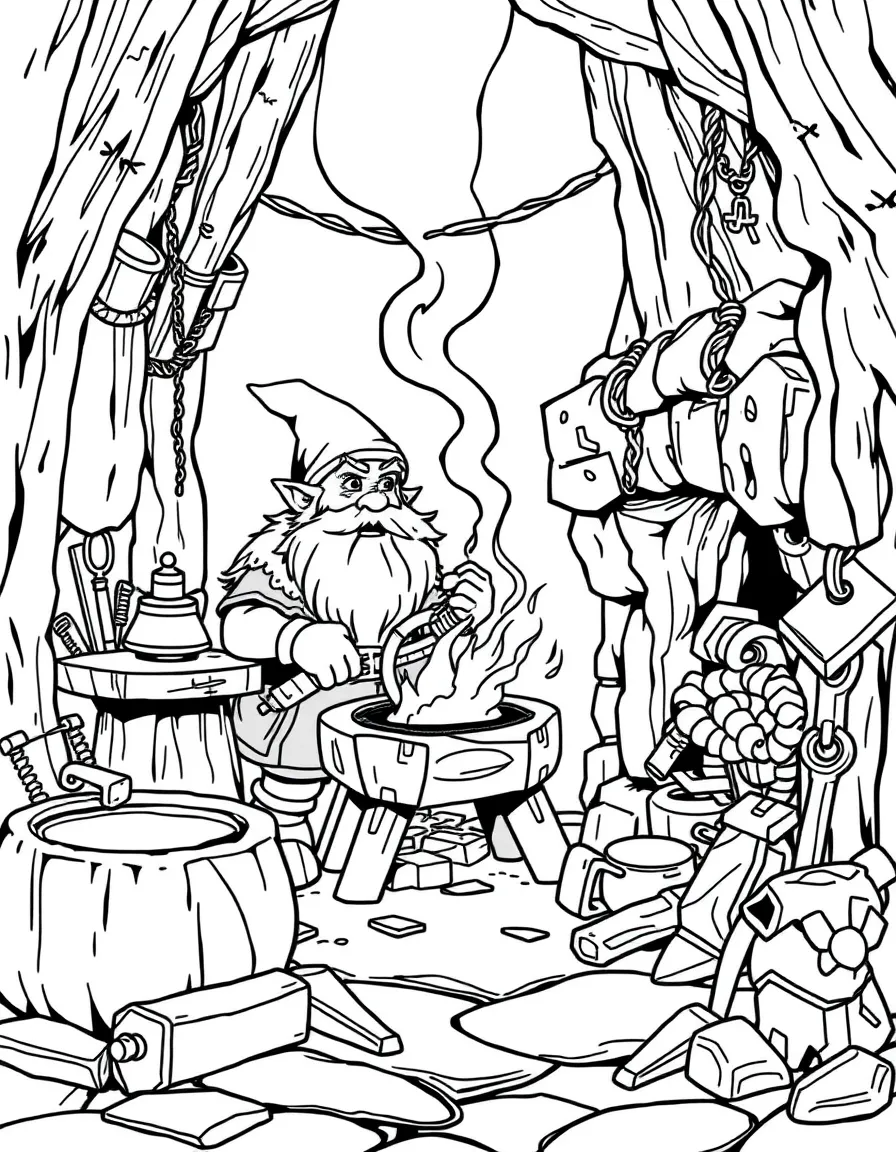 A dwarf forge with glowing molten metal and intricate tools