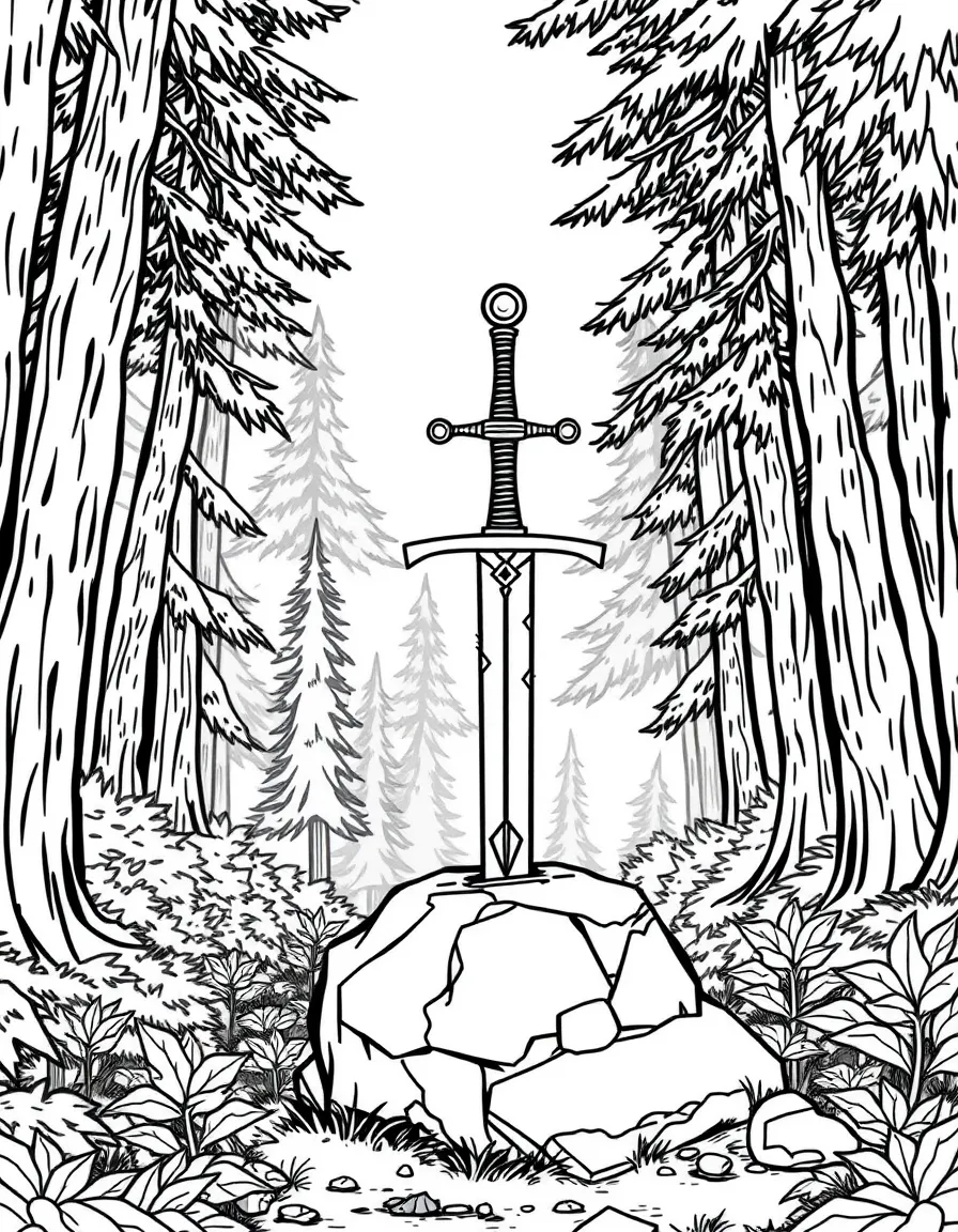 A sword stuck in a stone in a forest clearing with sunlight streaming through