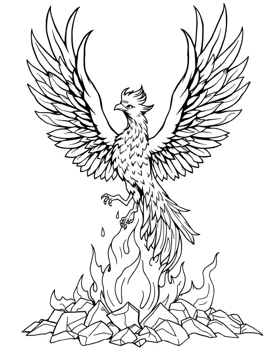 A phoenix rising from ashes with flames forming its wings