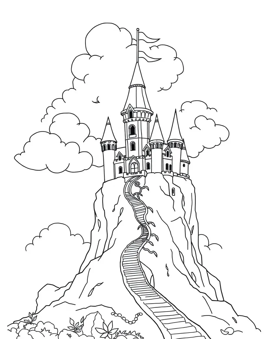 A giant's castle in the clouds with a beanstalk leading up to it