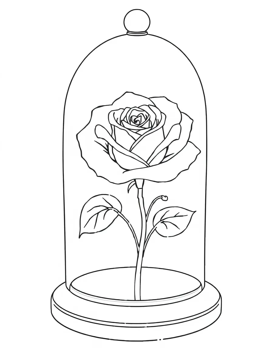 An enchanted rose under a glass dome, petals beginning to fall
