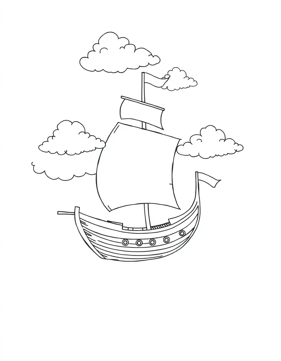 A flying ship with magical sails catching clouds instead of wind