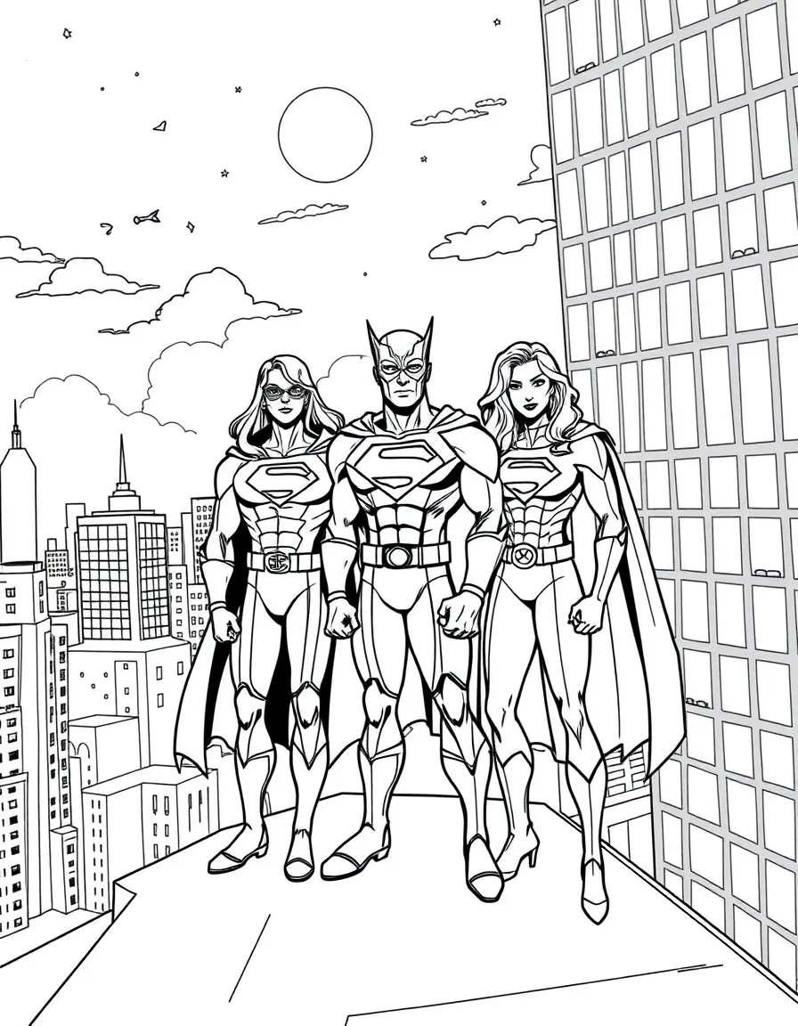 A superhero team posing together on a rooftop overlooking their city