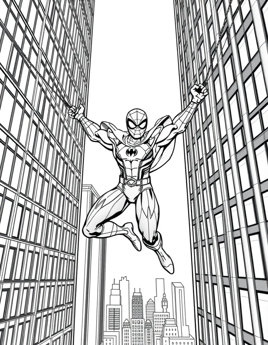 A hero swinging between skyscrapers on webs with the city below
