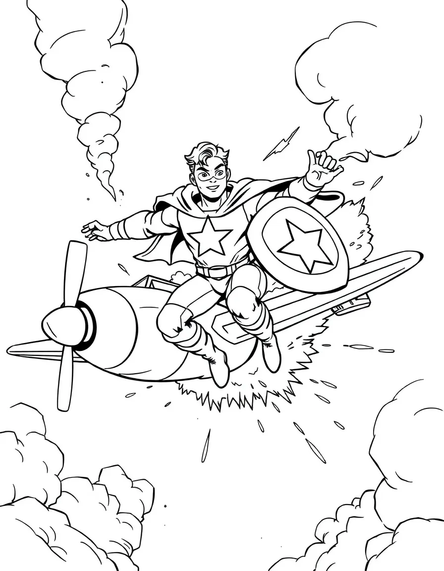 A hero with a star emblem and shield jumping from an exploding plane