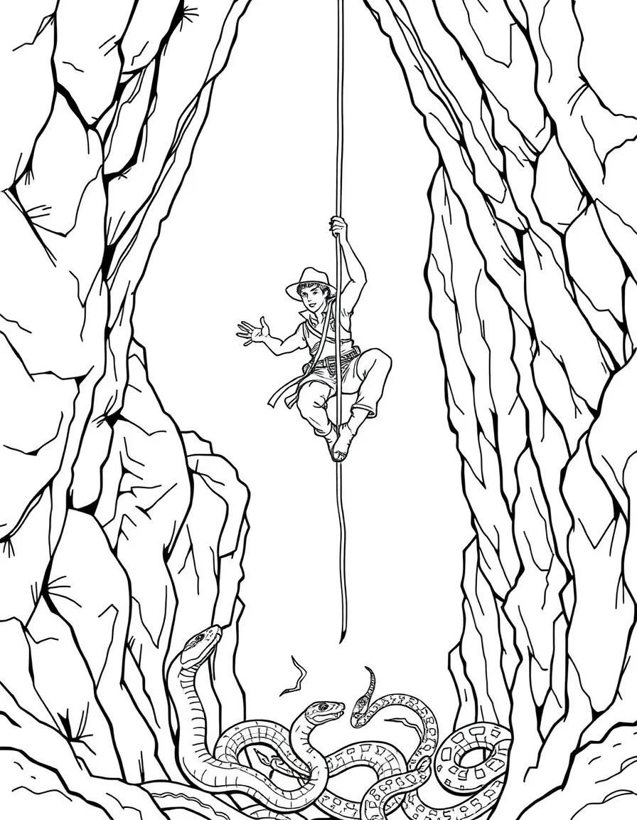 An archaeologist swinging on a rope over a pit of snakes