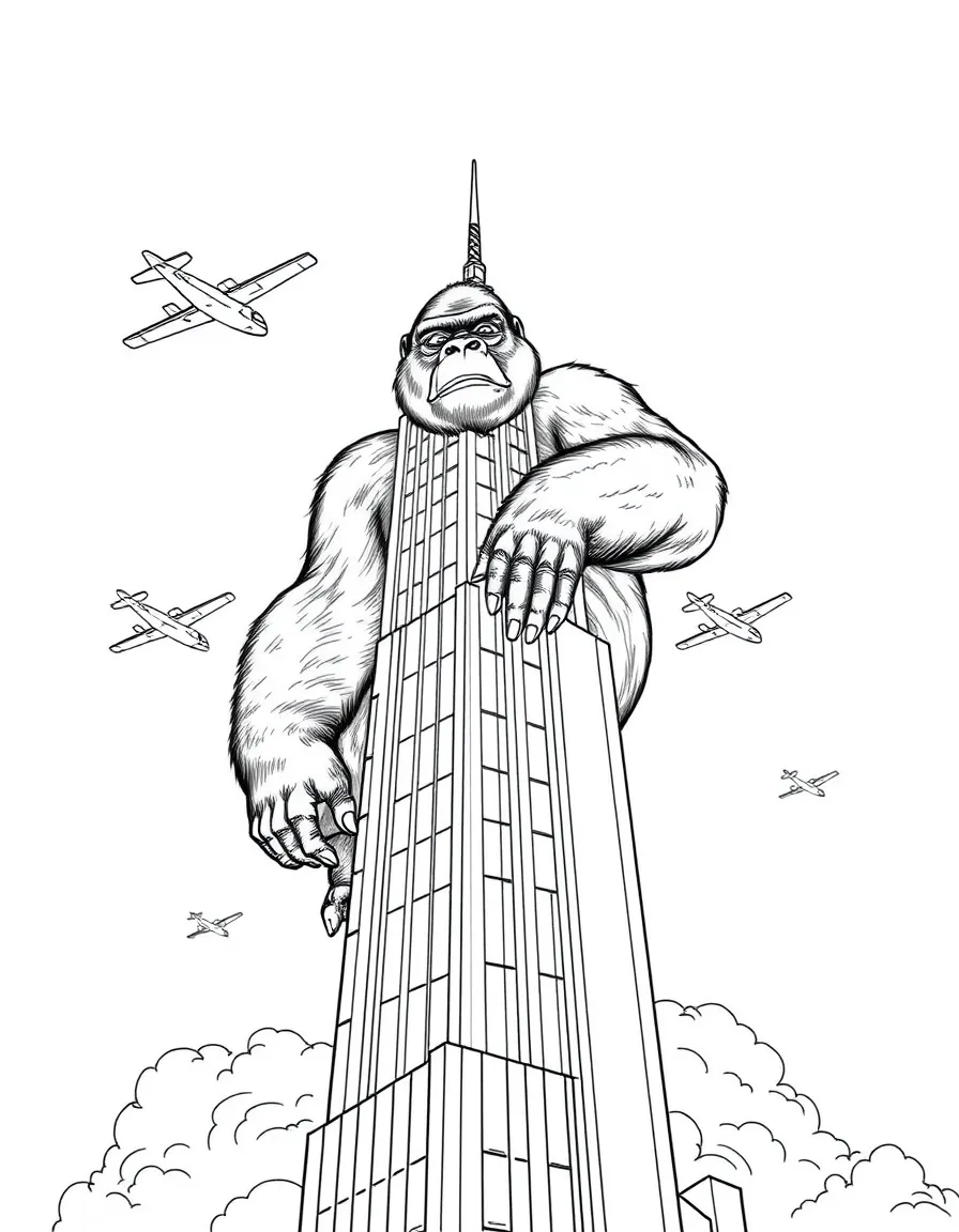 A giant gorilla atop a skyscraper with planes flying around