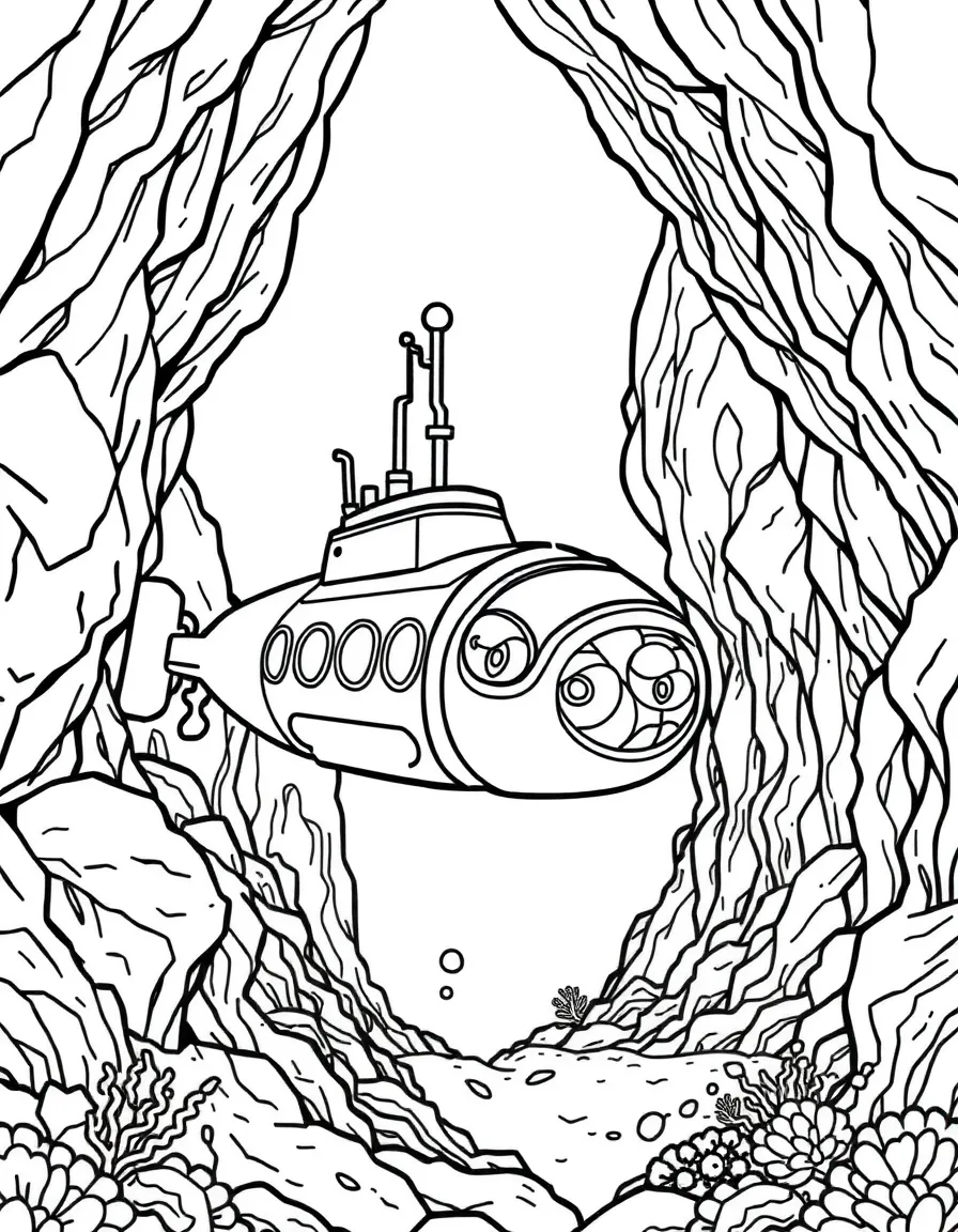A submarine exploring an underwater cave system