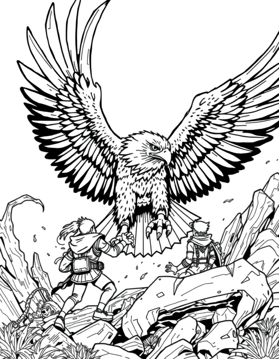 A massive eagle rescuing characters from a dangerous situation