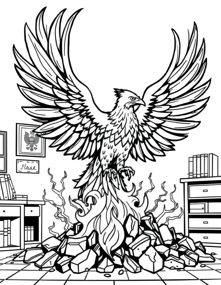 A phoenix rising from ashes in a headmaster's office