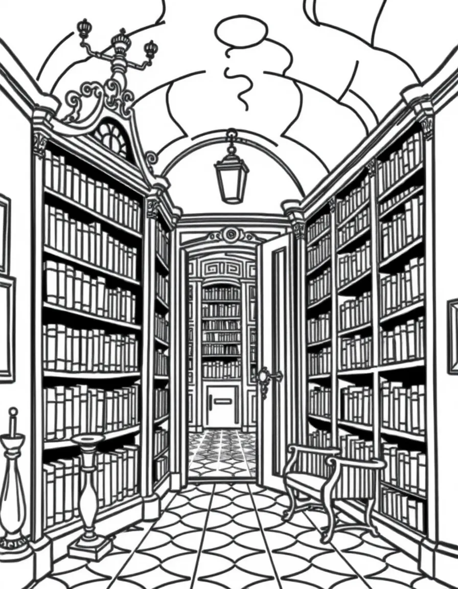 A mansion library with secret passage behind a bookshelf
